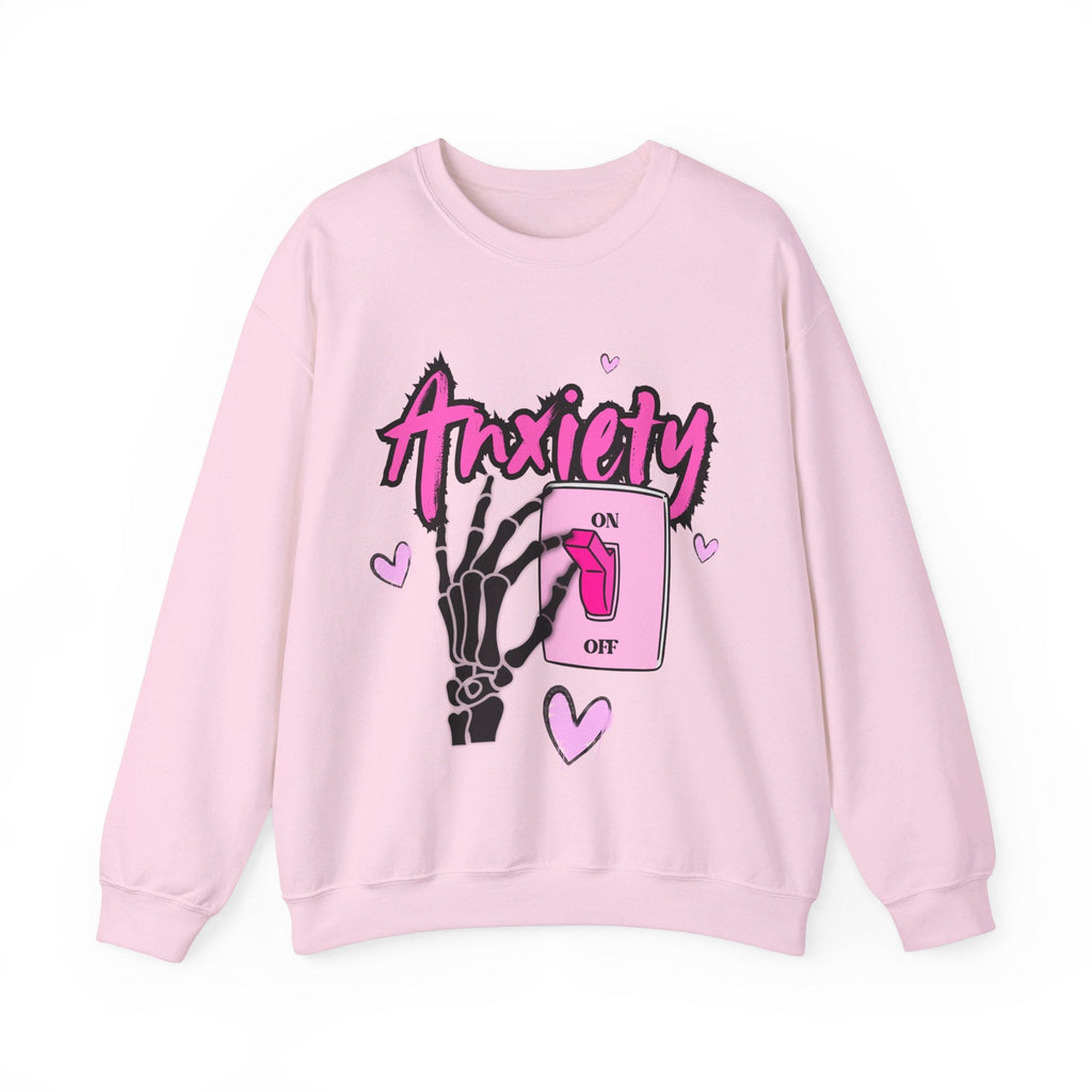 Anxiety Switch Unisex Graphic Sweatshirt - Dark Humor Crewneck in White and Pink