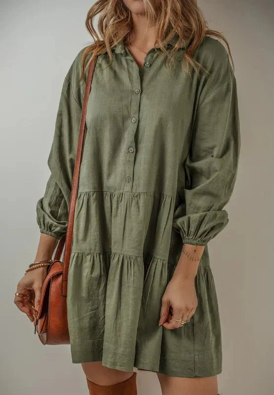 Tiered Balloon Sleeve Dress with Collared Neck Design