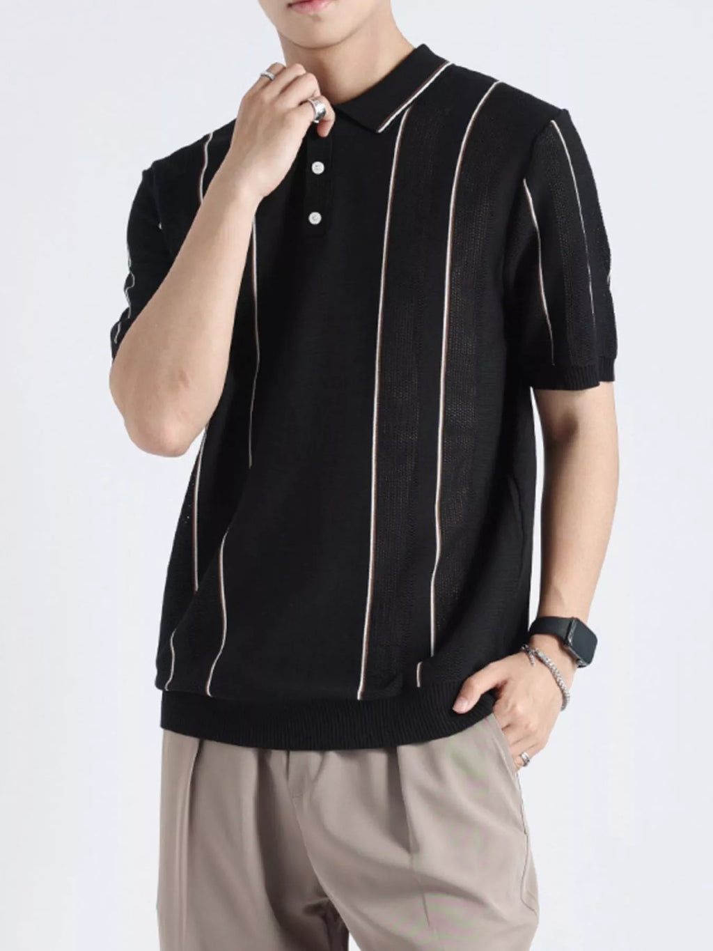 Men's Plus Size Striped Knit Short Sleeve Polo