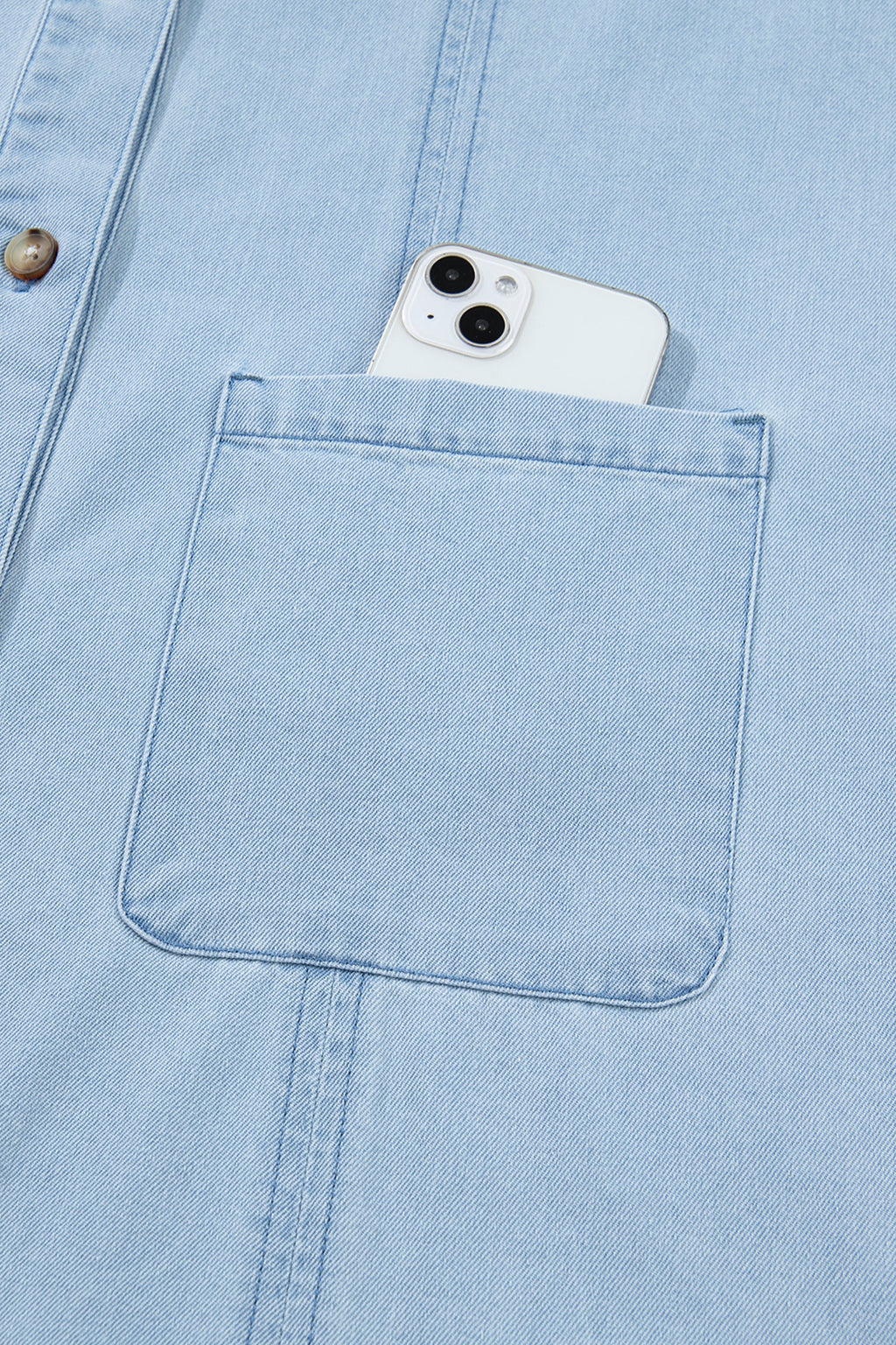 Beau Blue Ruffled Edge Collared Shift Denim Dress with Pockets