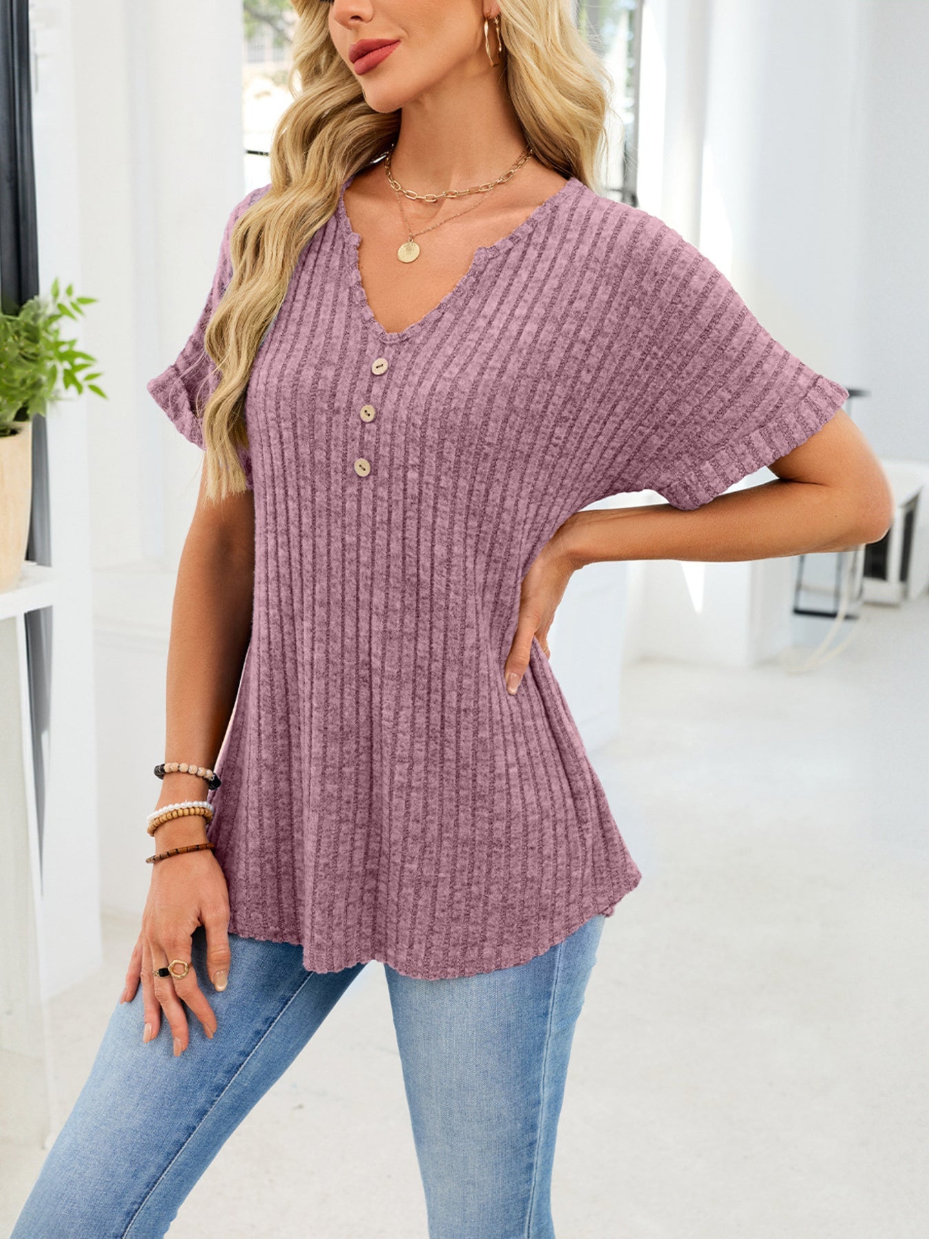 Women's Ribbed Knit Short Sleeve V-Neck T-Shirt with Buttons