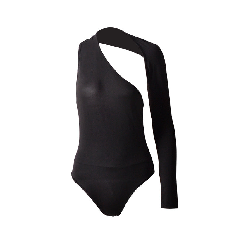 Autumn Winter Sexy One-Shoulder Tight Bodysuit Street Milk Silk Bottoming Top Women