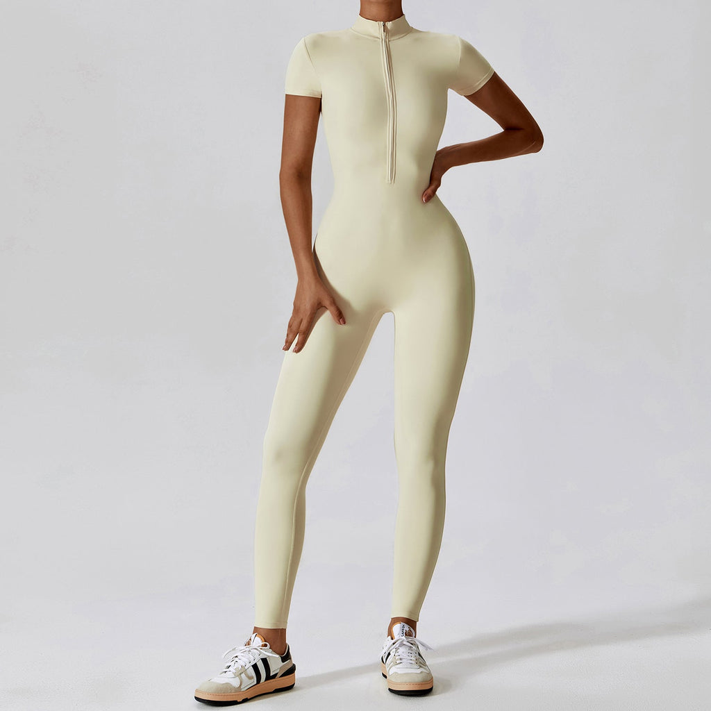 Sollinarry Zipper Short Sleeve Nude Feel Yoga Jumpsuit Women Outer Wear Fitness Sports One Piece Tights