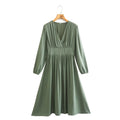 Intellectual Elegant V Neck Dress Autumn Solid Color High Waist A Line Dress Fashionable Pleated Dress Women