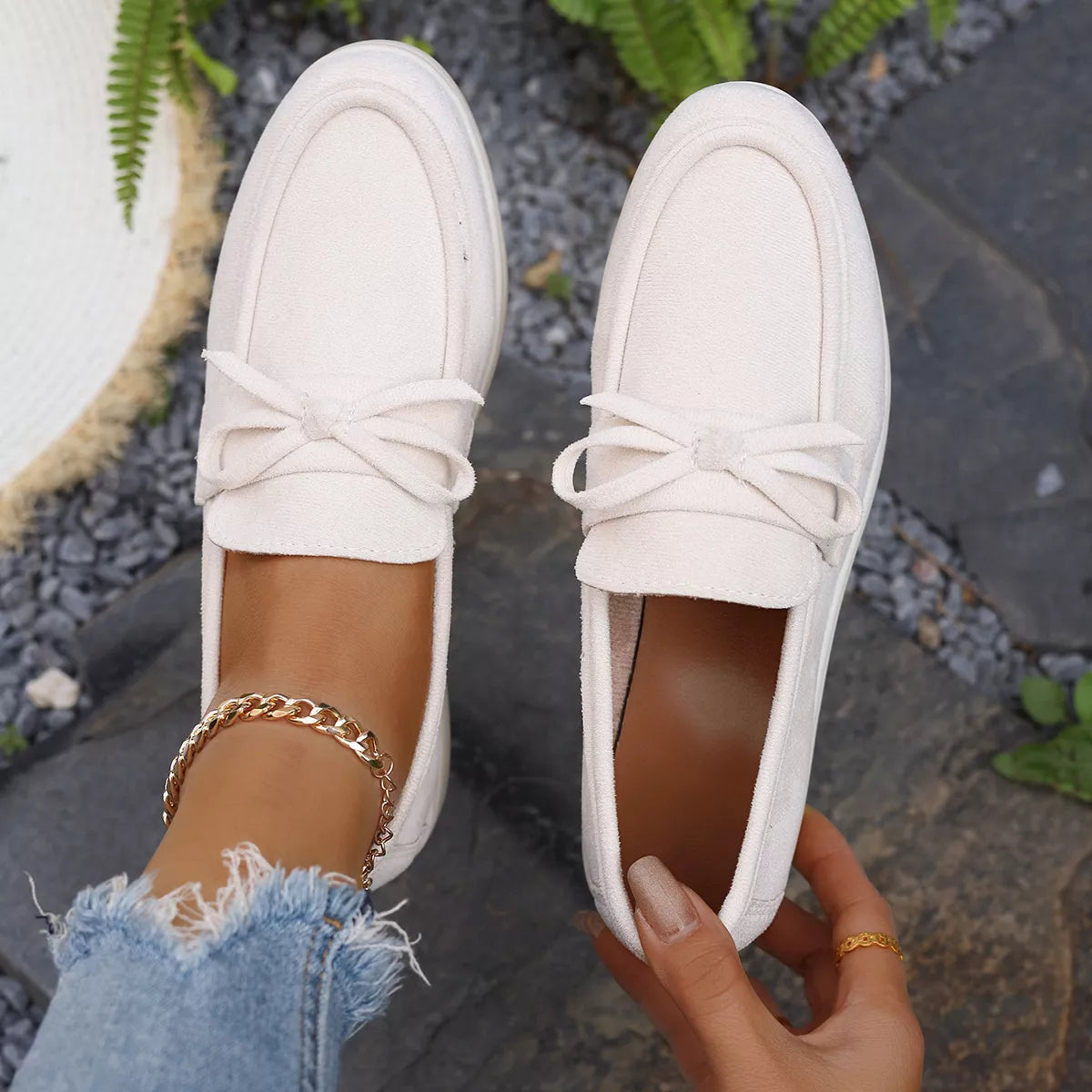 Women's Gray Suede Bow Slip-On Flats Round Toe Casual Shoes