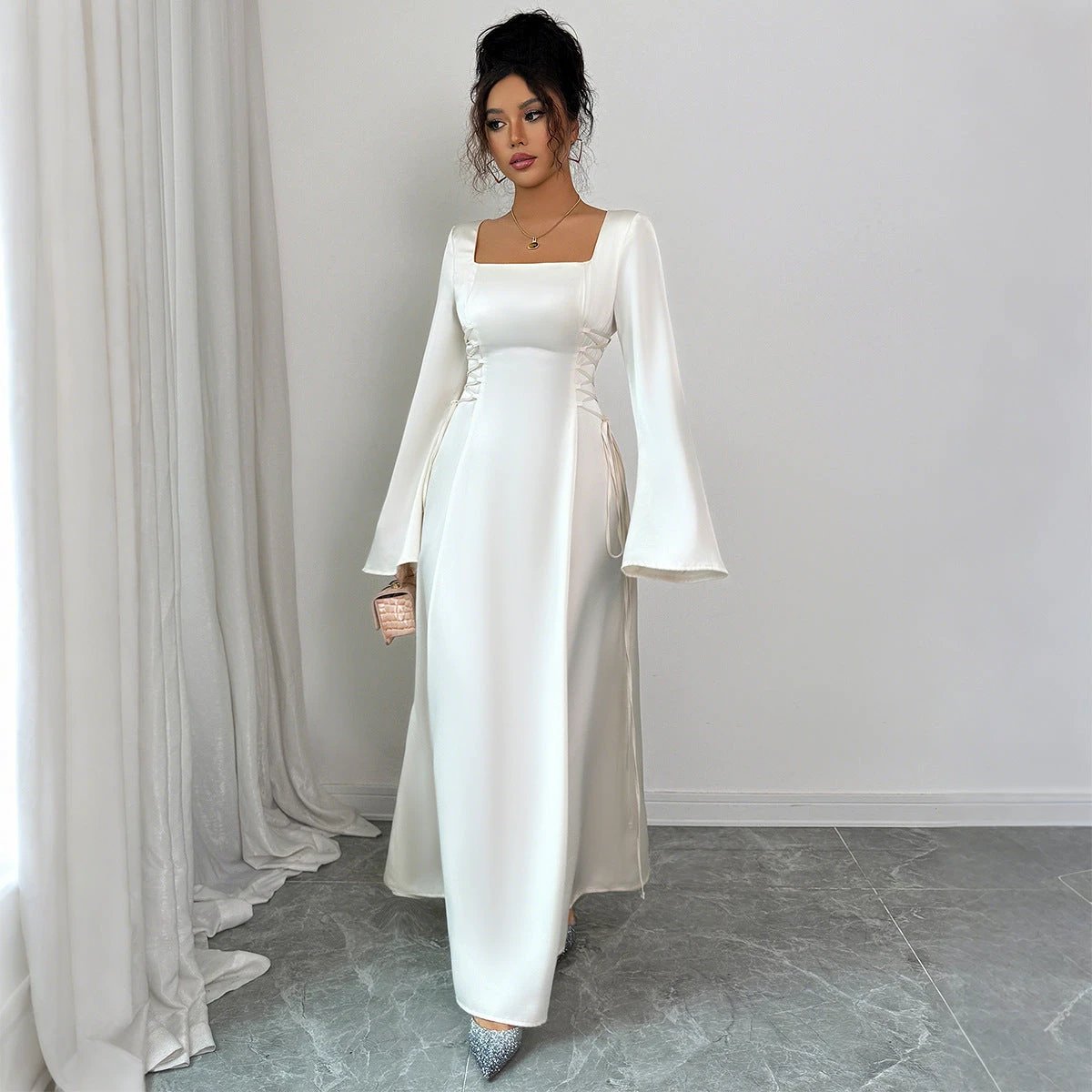 Elegant Solid Color Long Sleeve Dress Women's Clothing