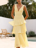 Yellow Sleeveless Ruffled Tiered Maxi Dress for Summer Events