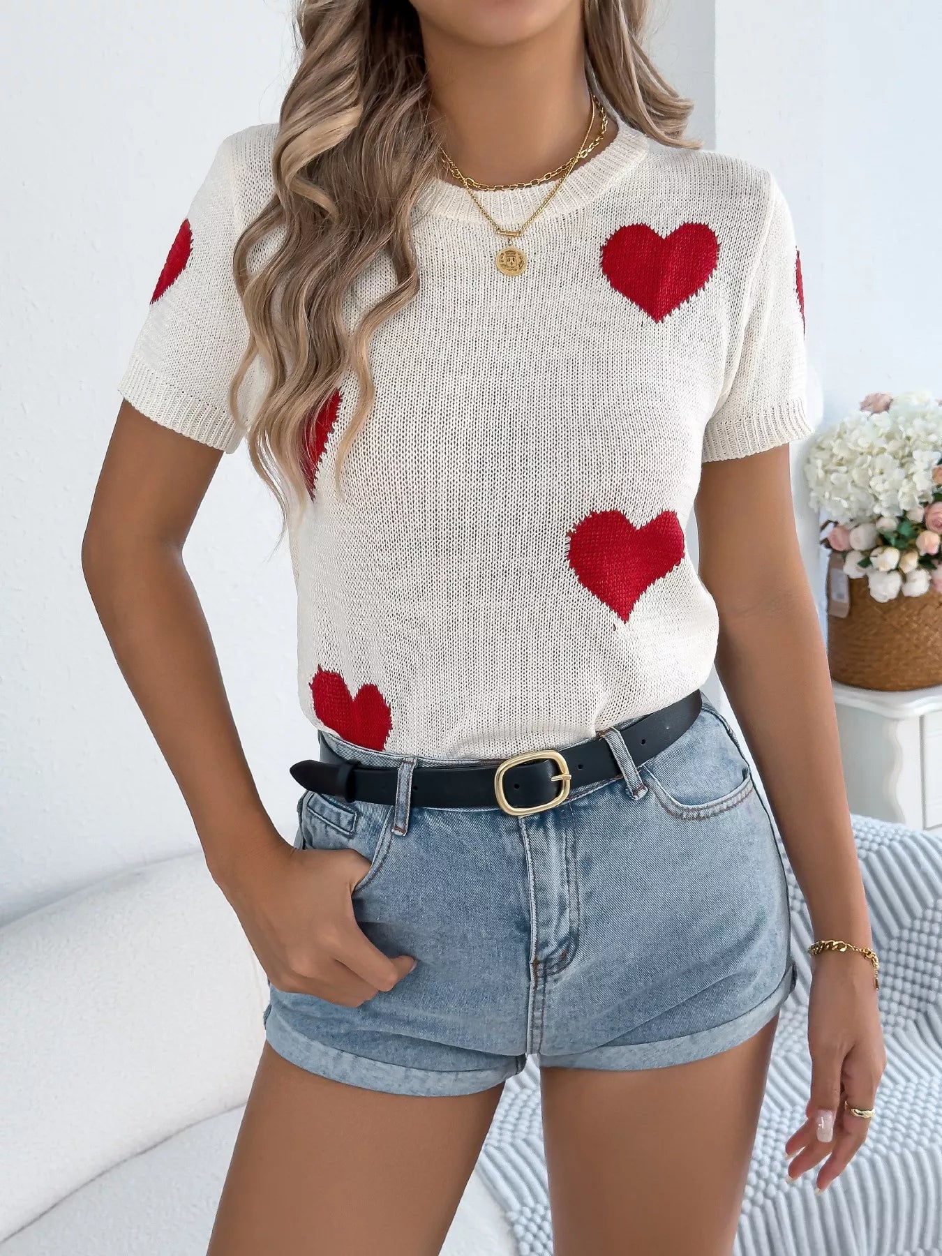 Women's Cream Heart Pattern Short Sleeve Knit Sweater Top