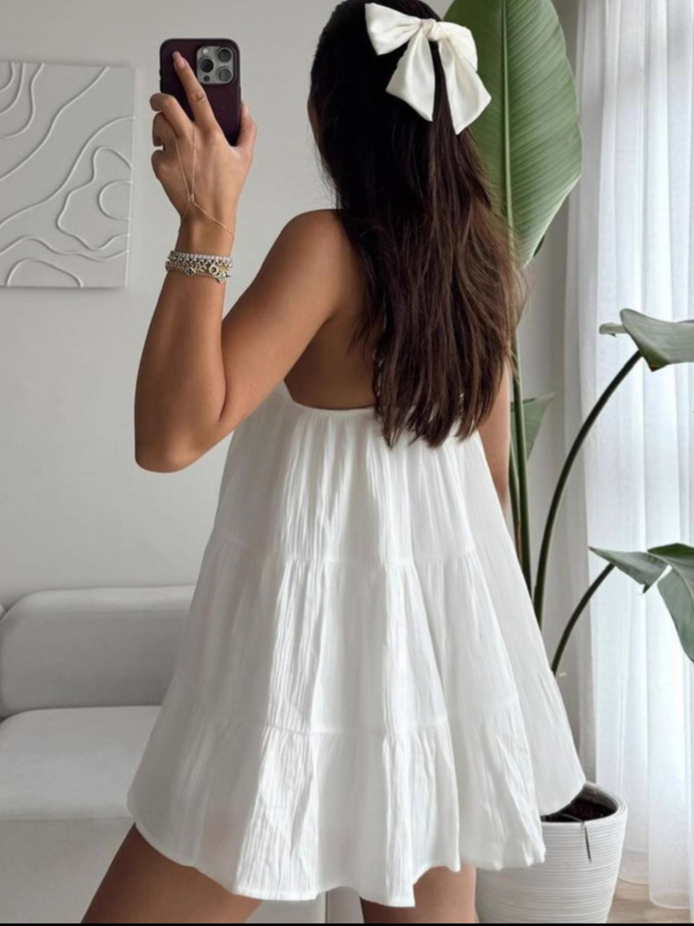 White V-Neck Tiered Mini Dress Sleeveless Cotton Summer Dress