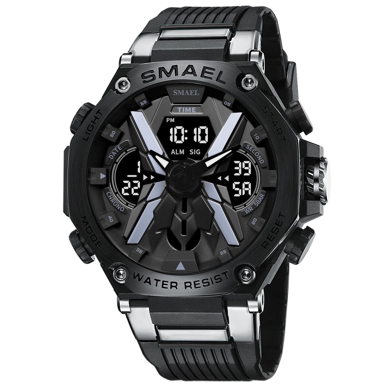 Men's Multifunctional Digital Double Display Waterproof Alloy Sports Quartz Watch