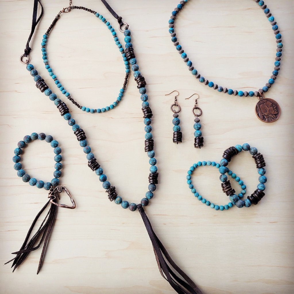 Natural American Turquoise Necklace w/ Wood Beads & Tassel 262i