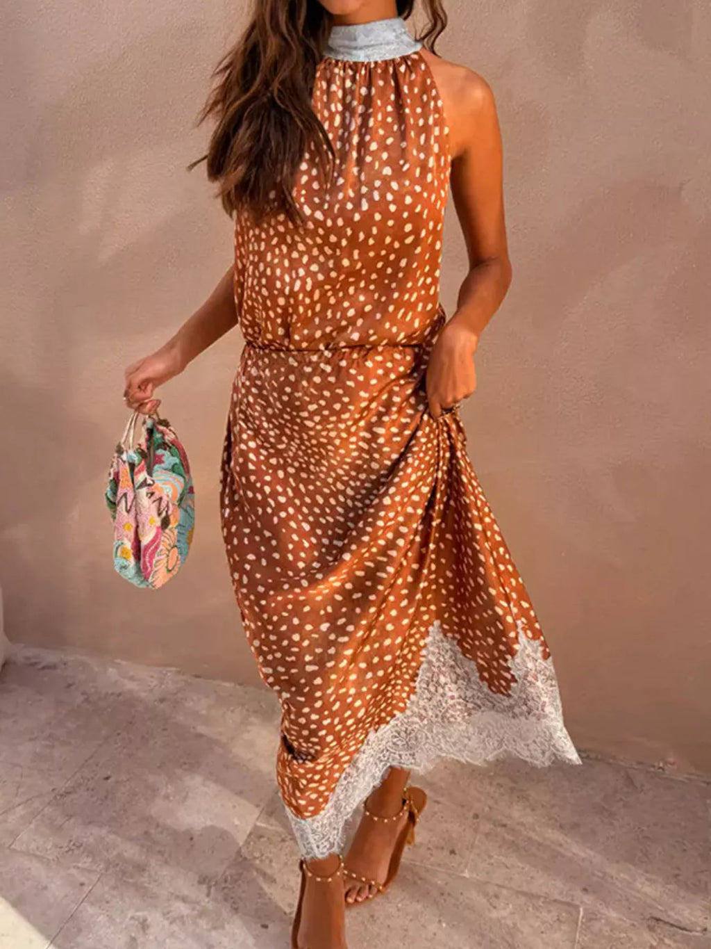 Brown Polka Dot Sleeveless Top and Lace Detail Skirt Set