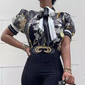 Printed chain shirt bow puff sleeve See size chart under “more details”