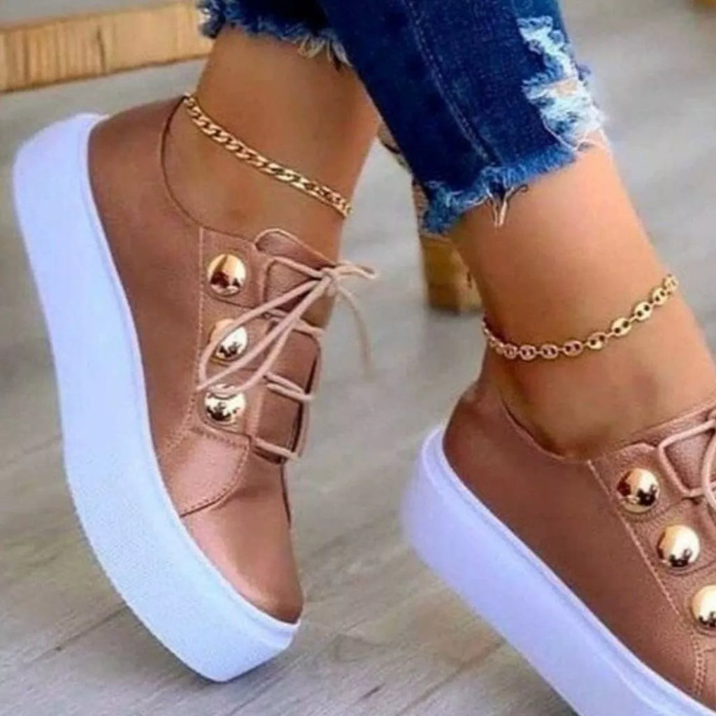 Women's Black Platform Sneakers with Gold Button Details