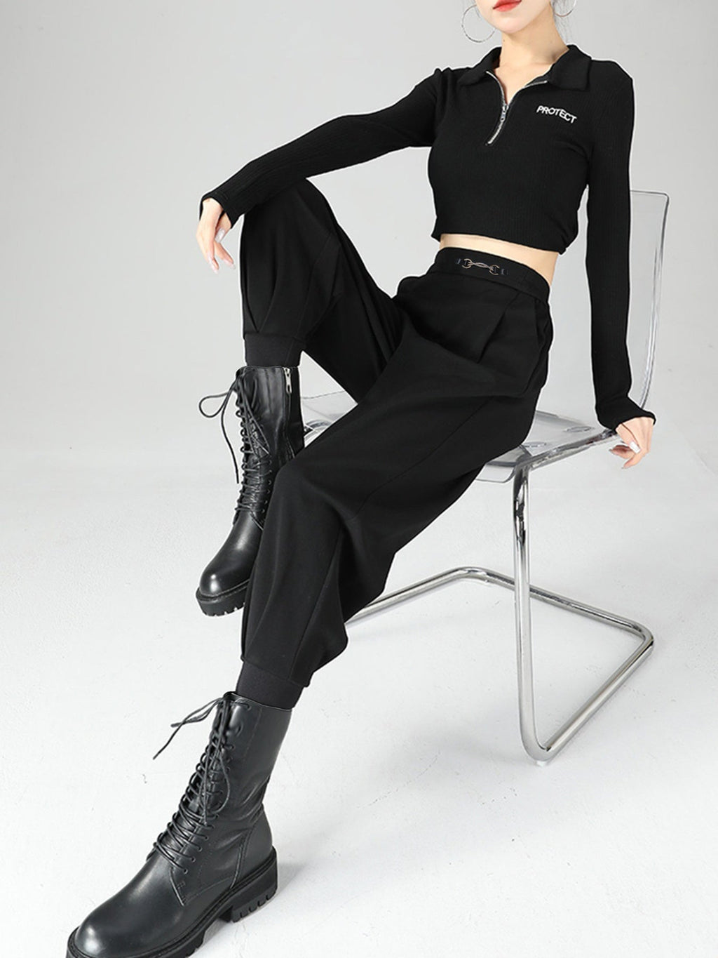 Women High-Waisted Buckle Detail Tapered Pants in Black