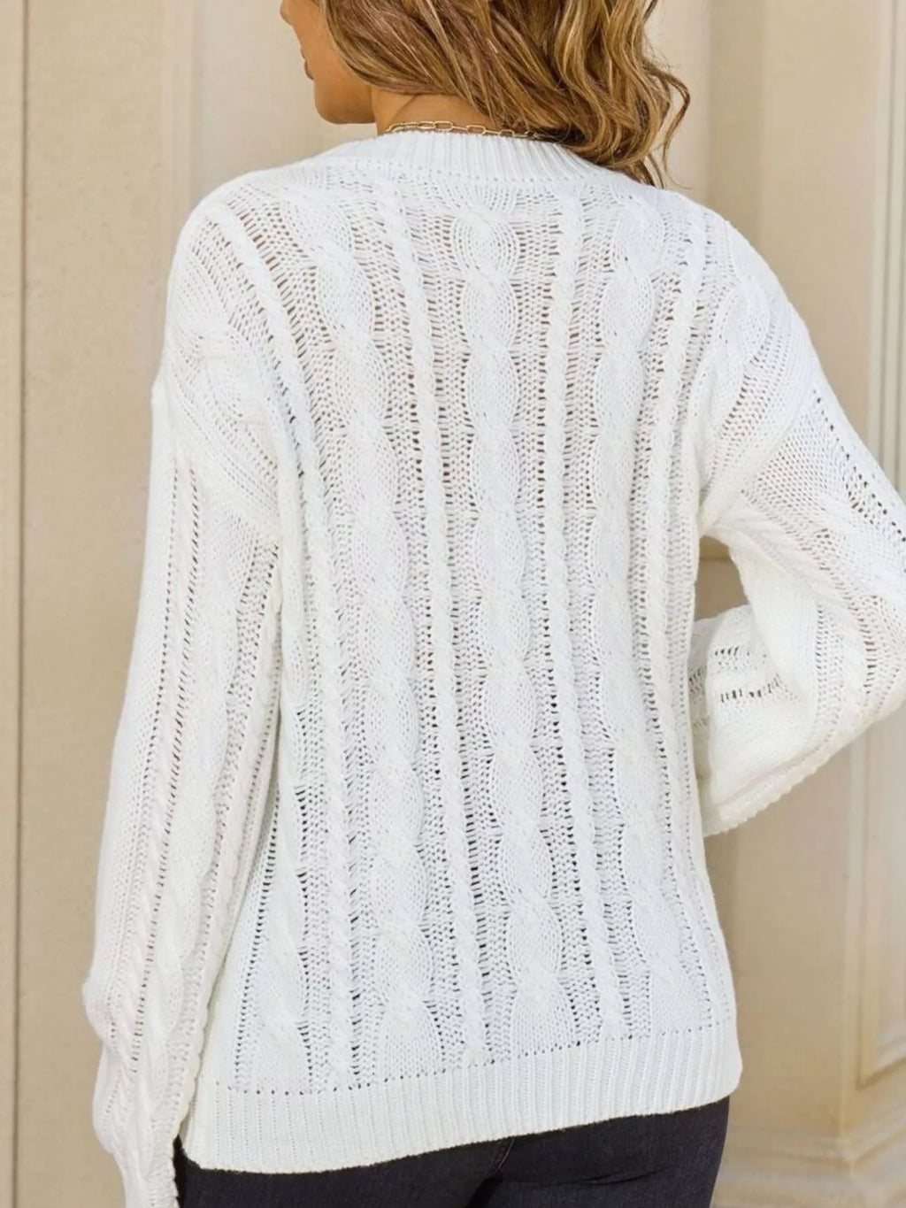 Women's White Cable Knit Long Sleeve Openwork Sweater