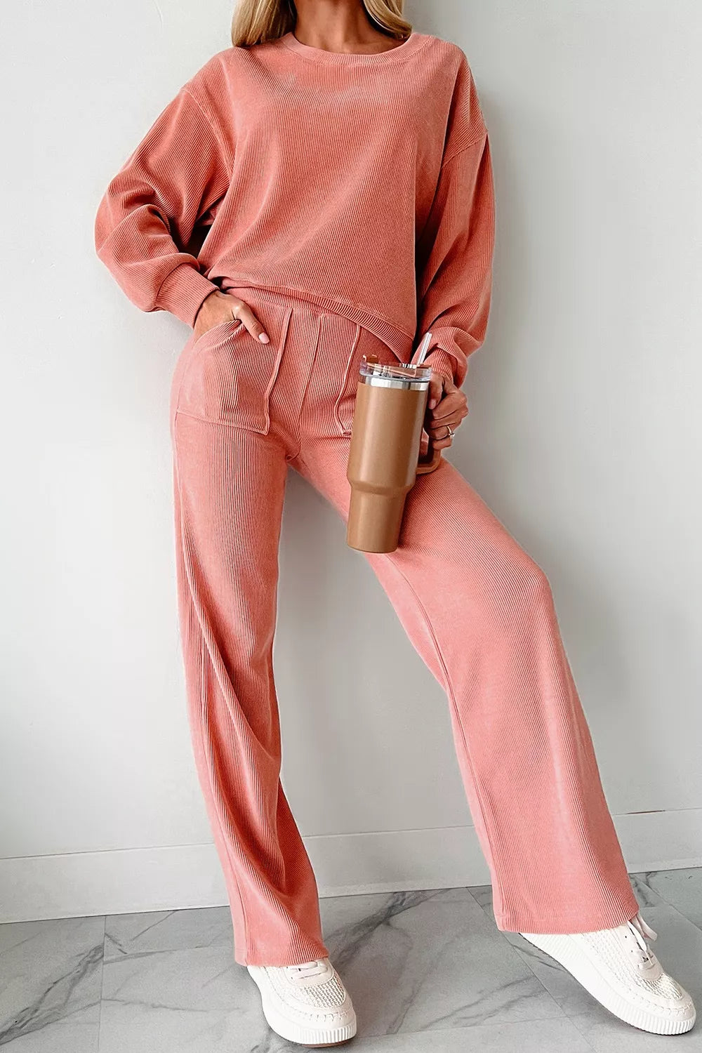 Women's Ribbed Round Neck Two-Piece Lounge Set with Pockets