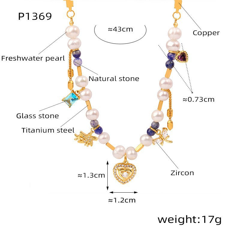Mix Match Geometric Abstract Material Natural Stone Freshwater Pearl Titanium Steel Embellished Necklace Stitching Heavy Industry to Create Copper Material Chain