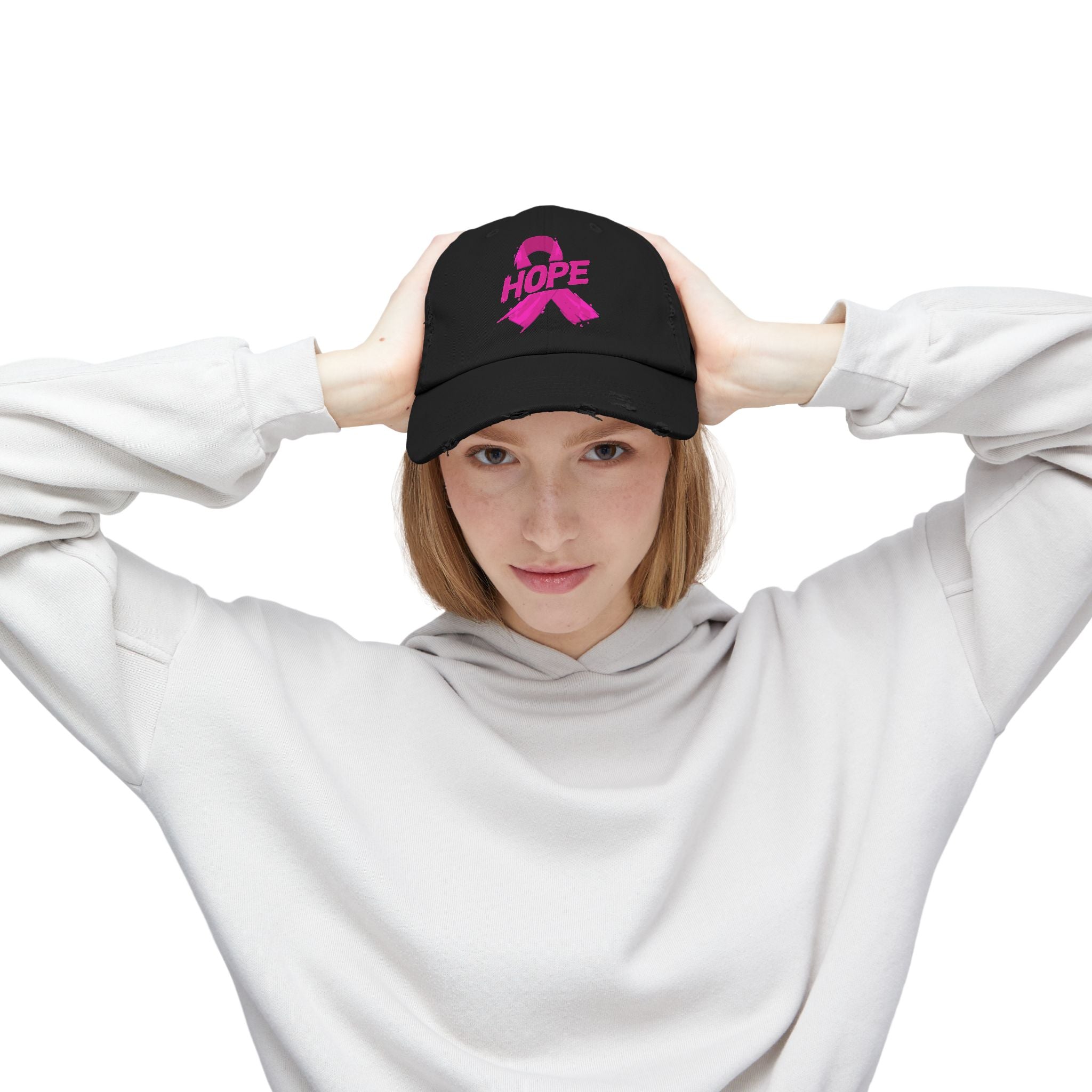 Hope Distressed Cap - Unisex Hat for Awareness, Perfect for Gift, Fundraising Events, Breast Cancer Support, Everyday Style