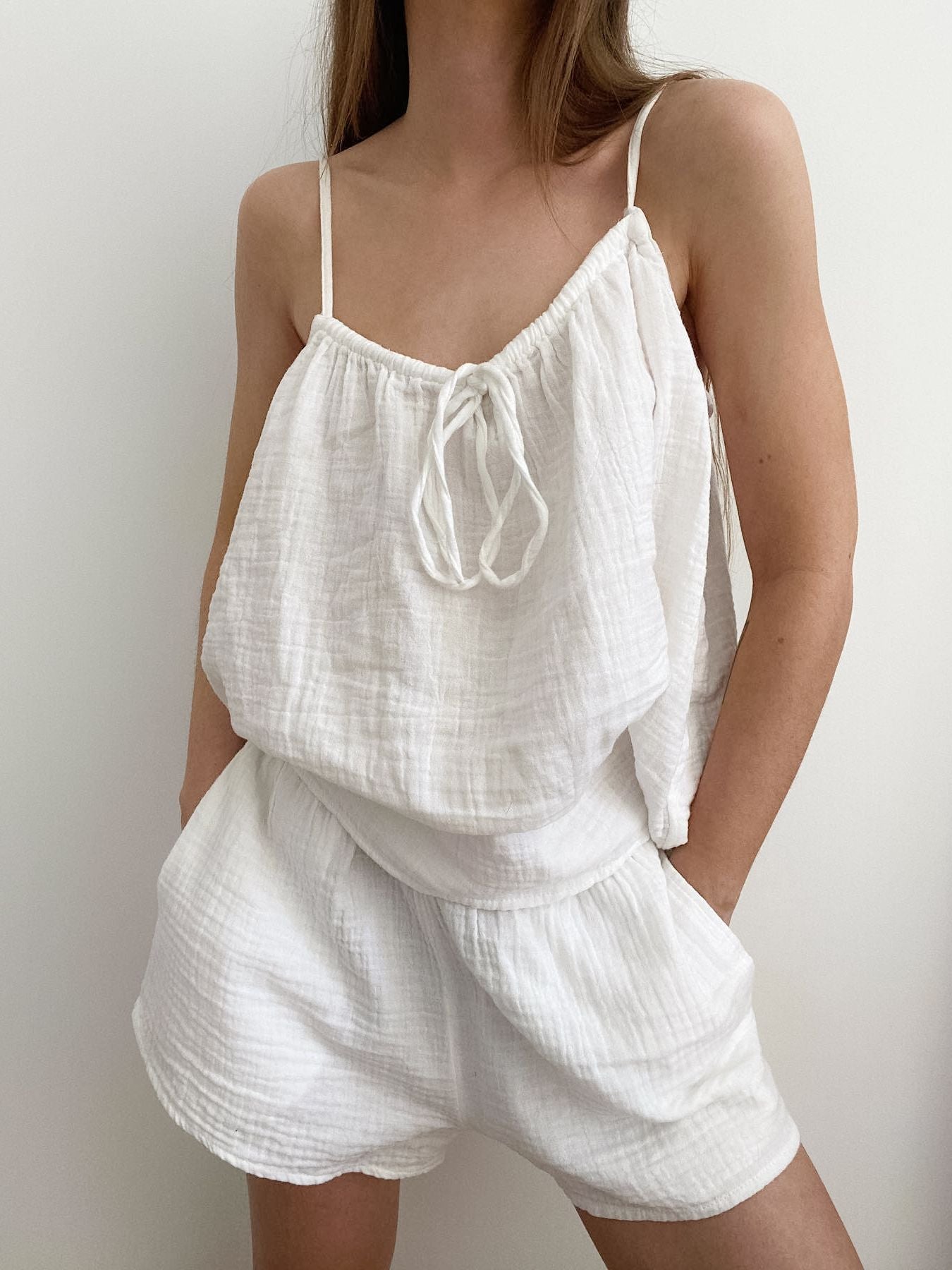 White Tie Front Relaxed Cami and Shorts Two-Piece Set