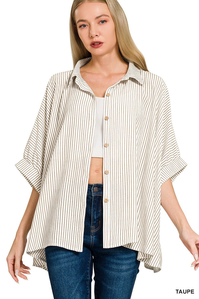 Zenana Woven Stripe Button Down Boxy Shirt | Rayon Blend