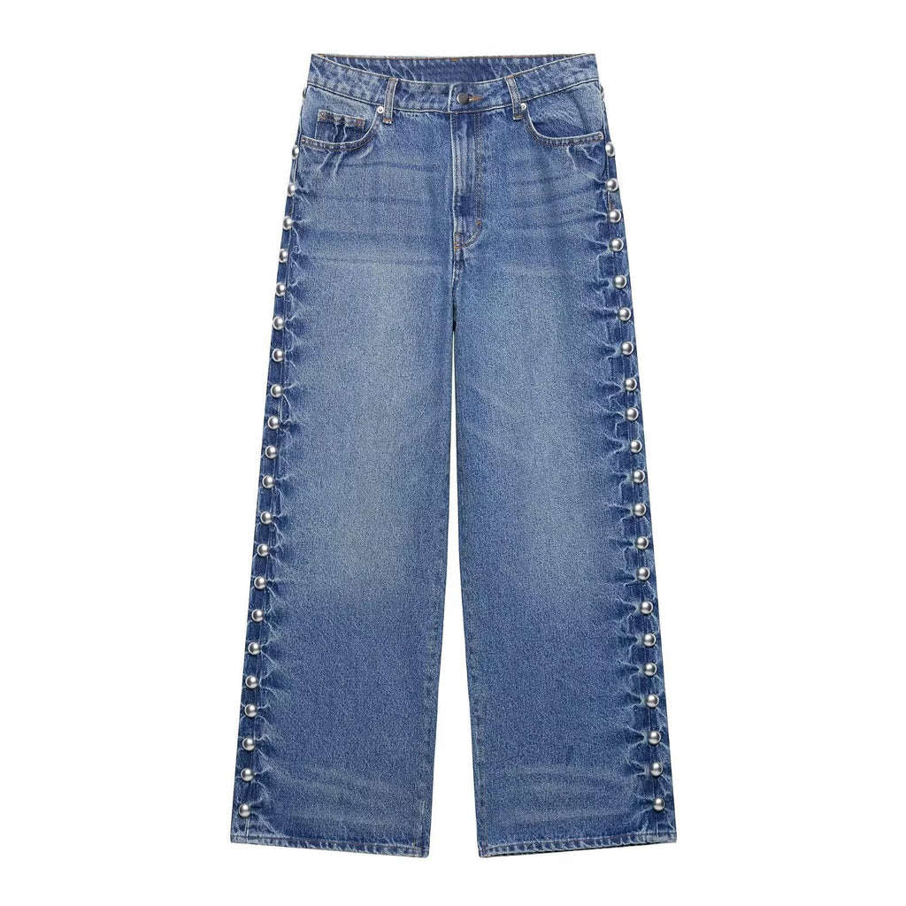 Women Clothing Summer Street Design Rivet Denim Straight Leg Pants