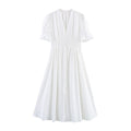 Elegant Hollow Out Cutout Embroidered Waist Slimming V Neckline Breasted Short Sleeve Dress