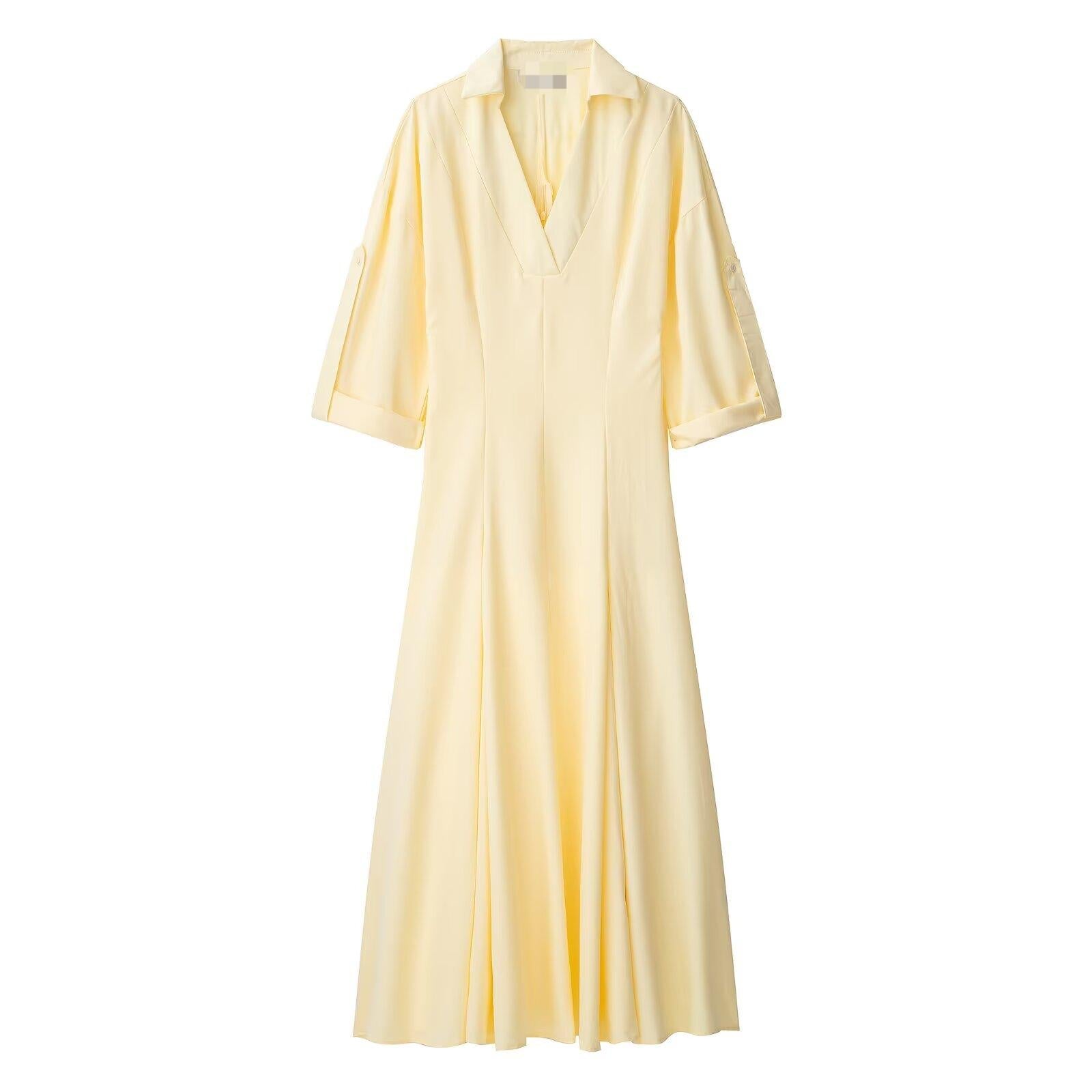 Summer Collared Shirt Trench Coat Solid Color Dress Maxi Dress