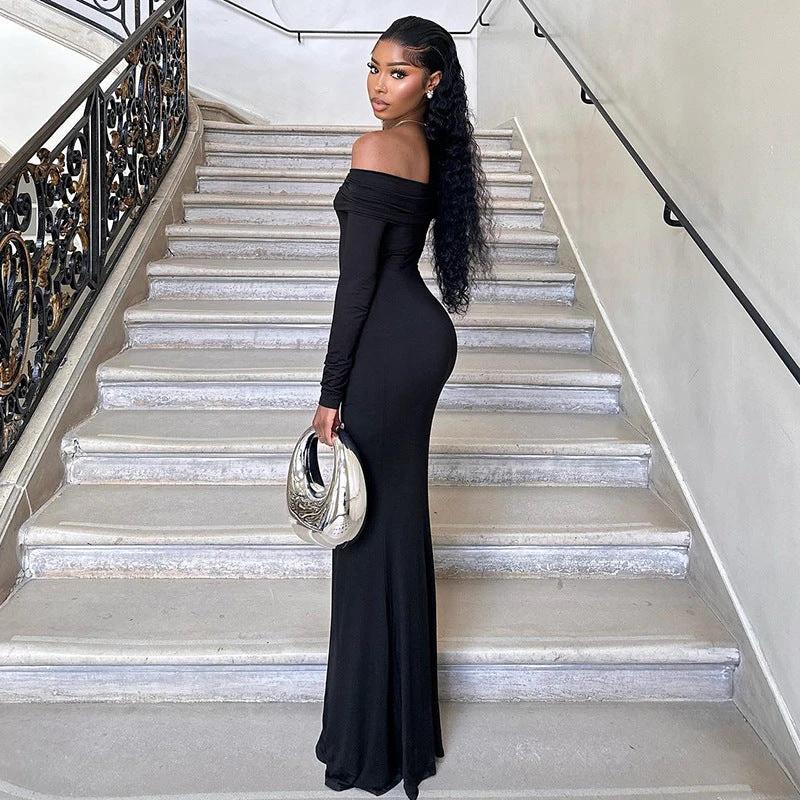 Black Off-shoulder Long Sleeve Sheath Fishtail Dress