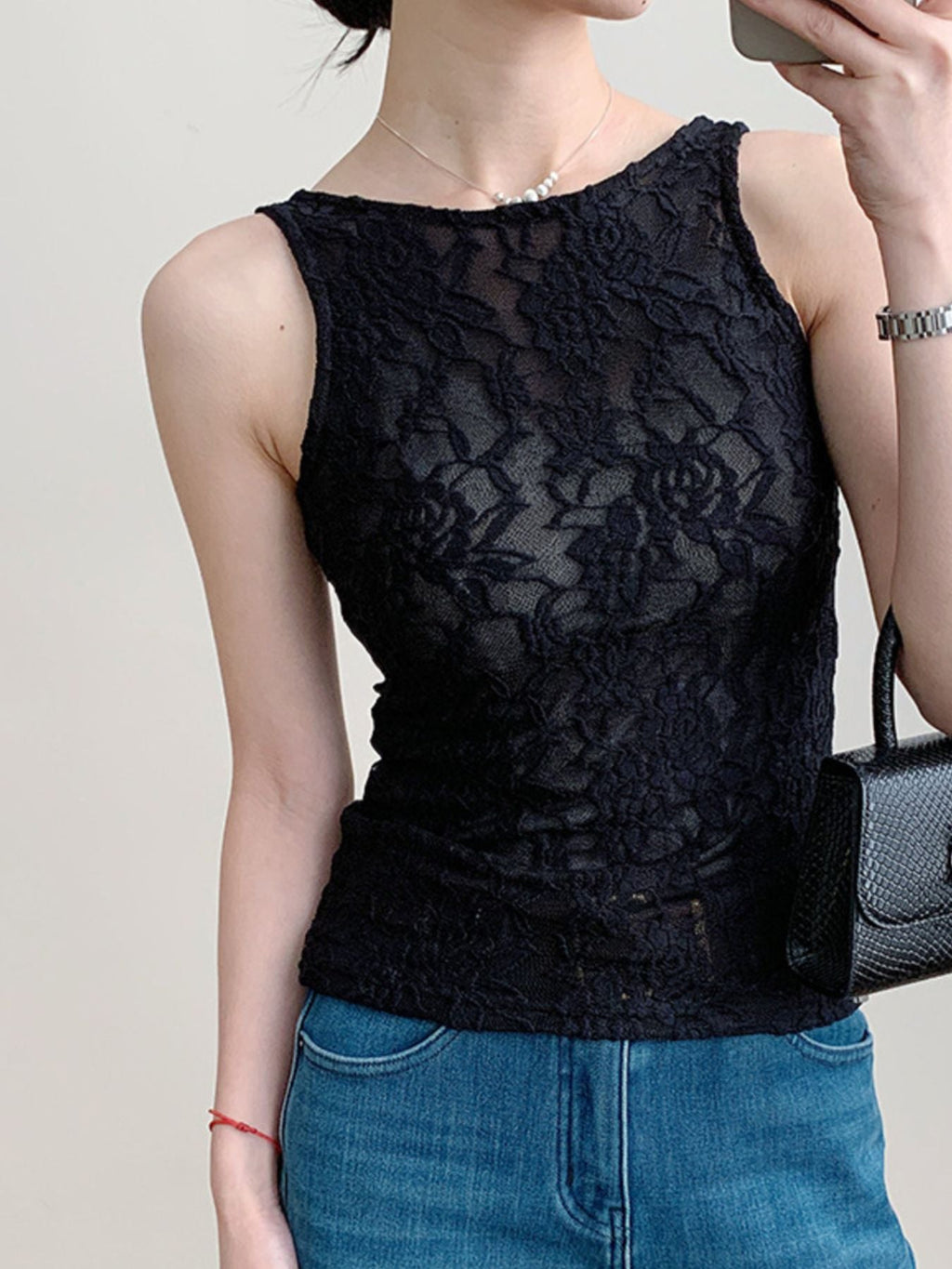 Women's Sheer Floral Lace Round Neck Tank Top in Ivory