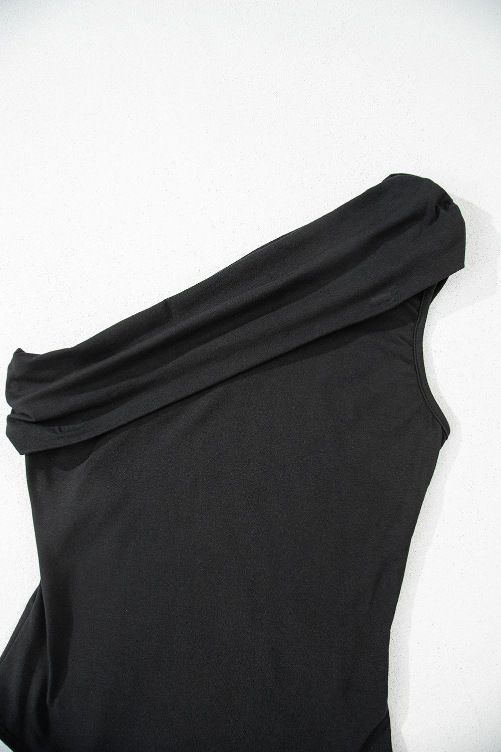 Black Solid Color Pleated One Shoulder Bodysuit Women's Top