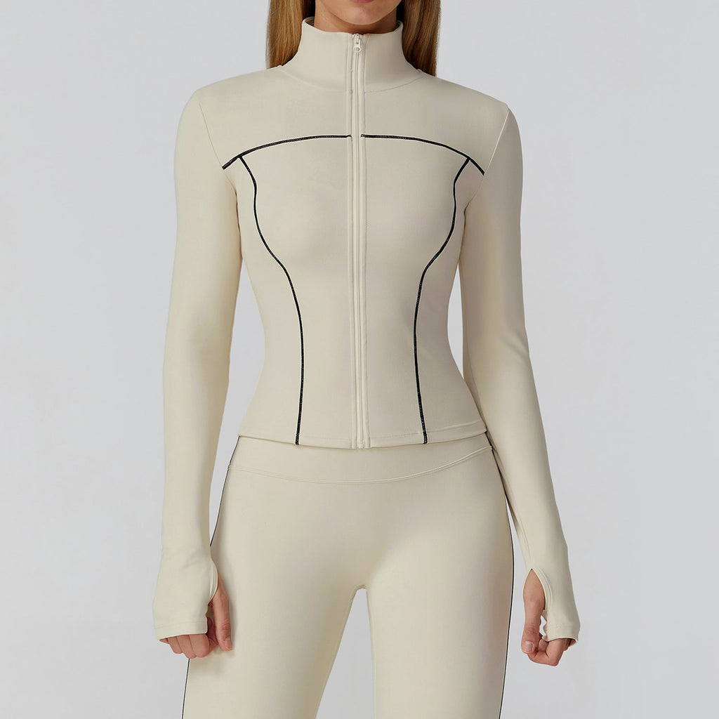 Contrast Color Brushed Yoga Coat Zipper Windproof Slim Jacket Outdoor Sports Running Fitness Clothes Women