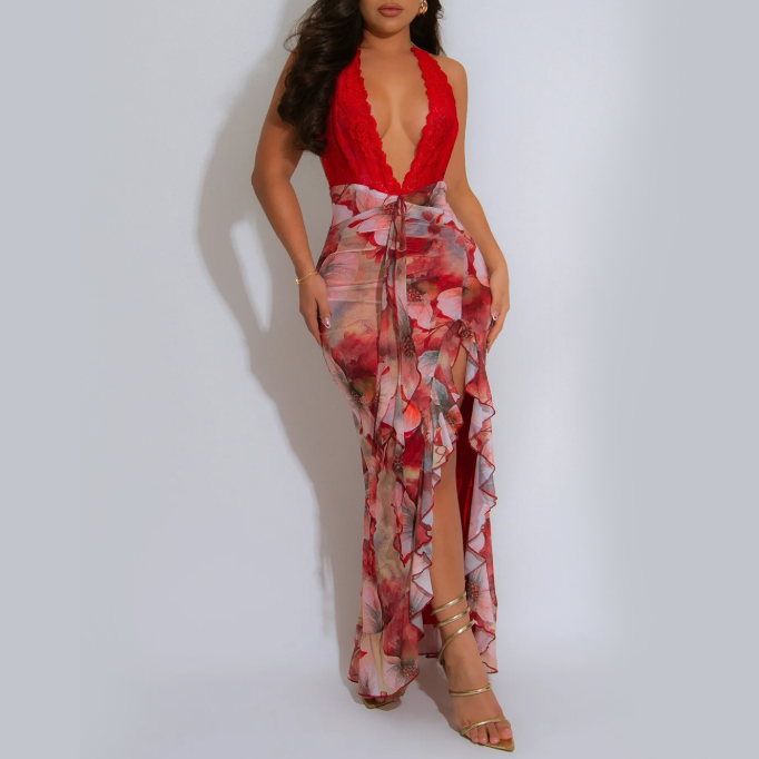 Women Wear Sexy Deep V Plunge Halter Slim Fit Printed Dress