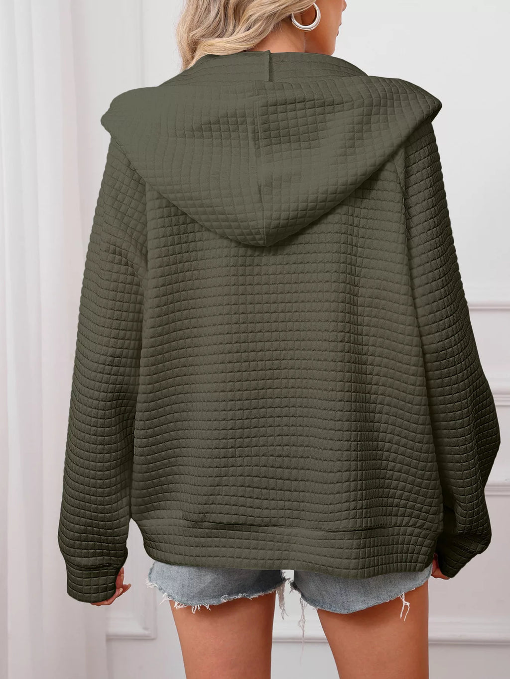 White Quilted Zip-Up Hooded Jacket with Drawstring