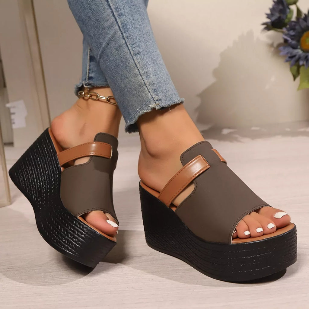 Women's Open Toe Platform Wedge Sandals PU Leather Slide Heels
