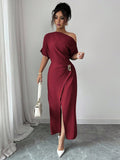 Spring Summer off the Shoulder Dress Women Solid Color Split Elegant Slim Fit Sheath Dress