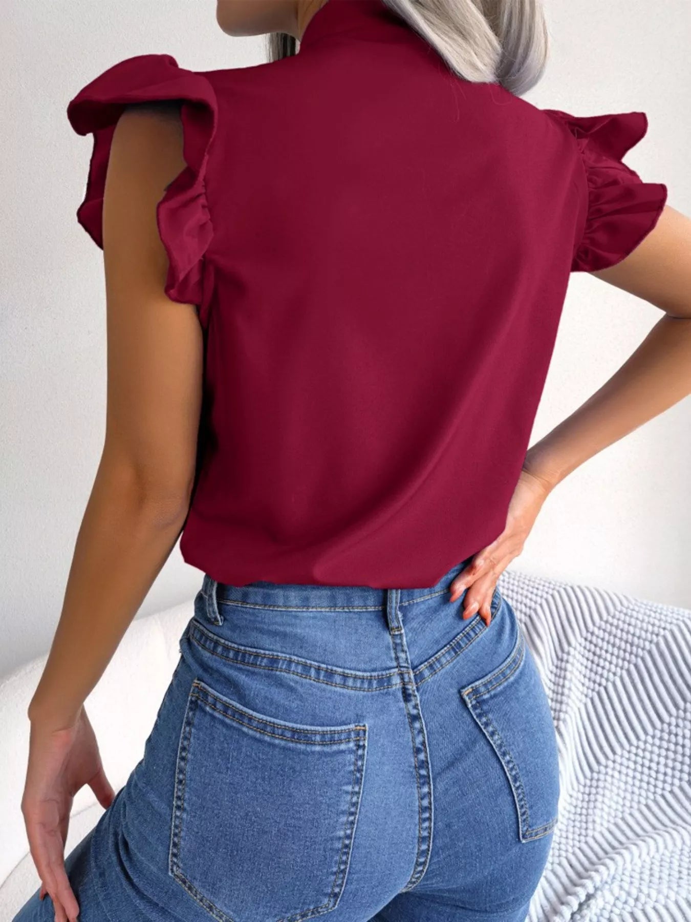 White Ruffle Sleeve Blouse with Elegant Bow Tie Detail