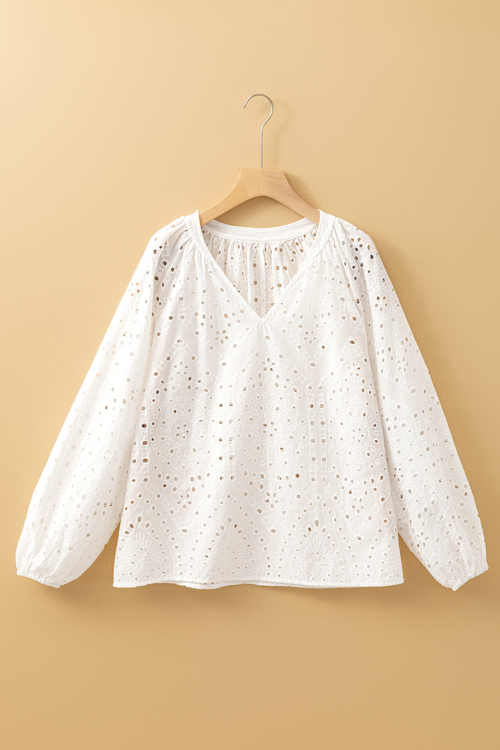 White Eyelet Puff Sleeve Blouse with V Neck