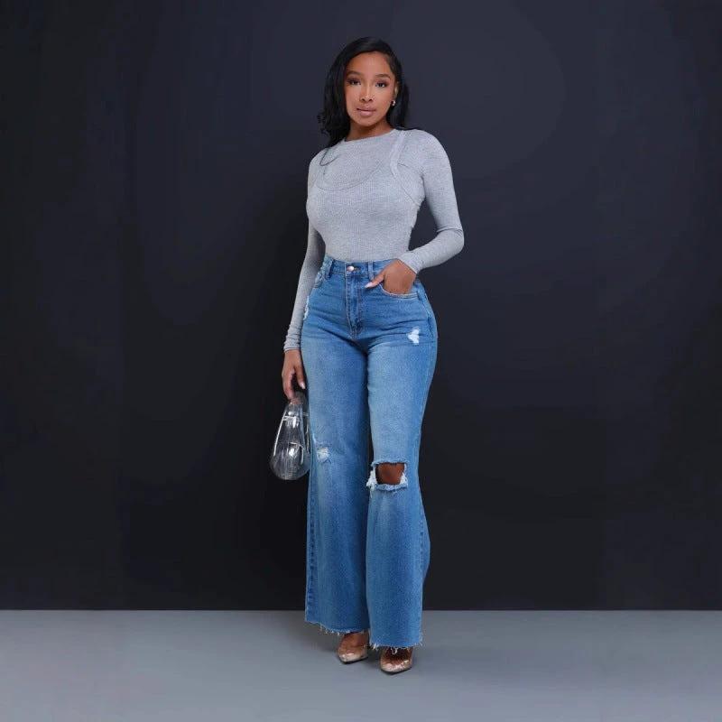 Women's Ripped High Waist Loose Straight Wide Leg Jeans