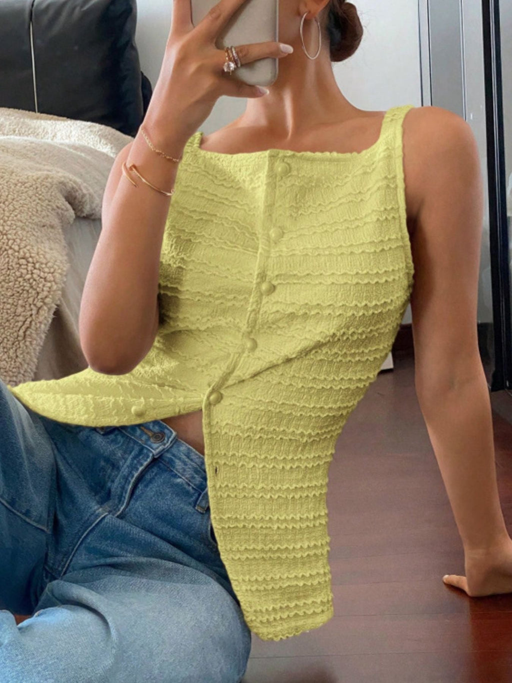 Women's Textured Button-Front Knit Tank Top