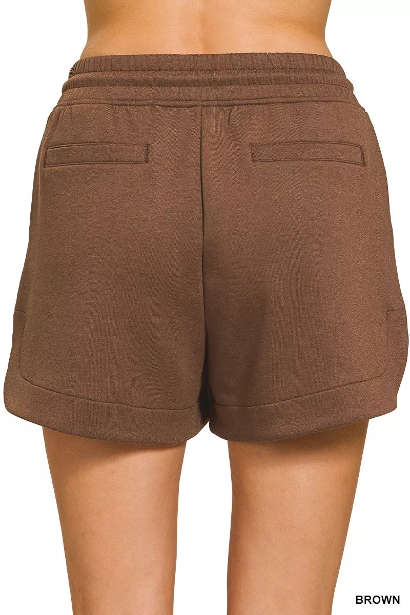 Women's Brown Scuba Elastic Waistband Shorts with Side Pockets