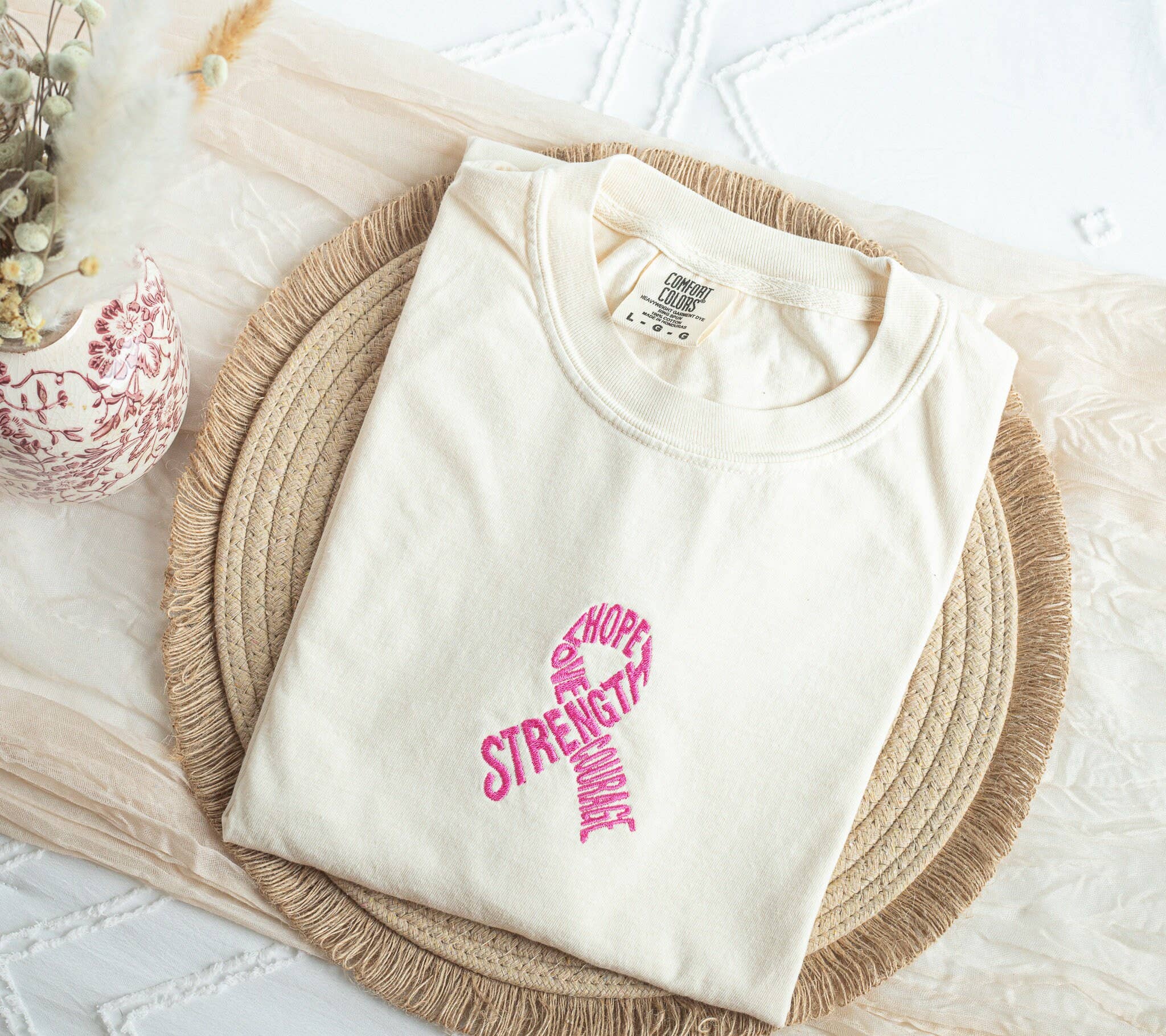 Embroidered Pink Ribbon Breast Cancer Awareness Tee