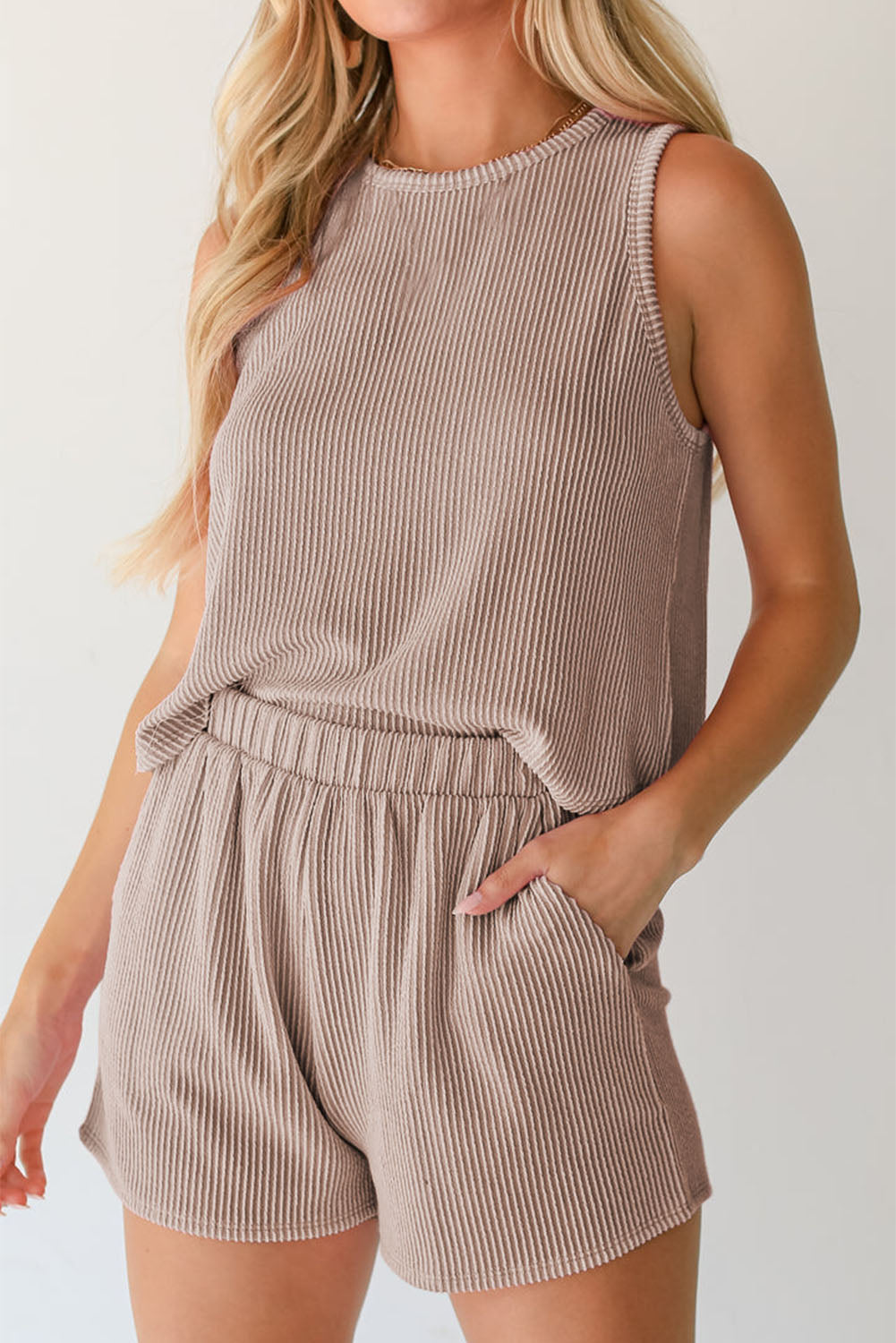 Smoke Gray Corded Sleeveless Short Outfit