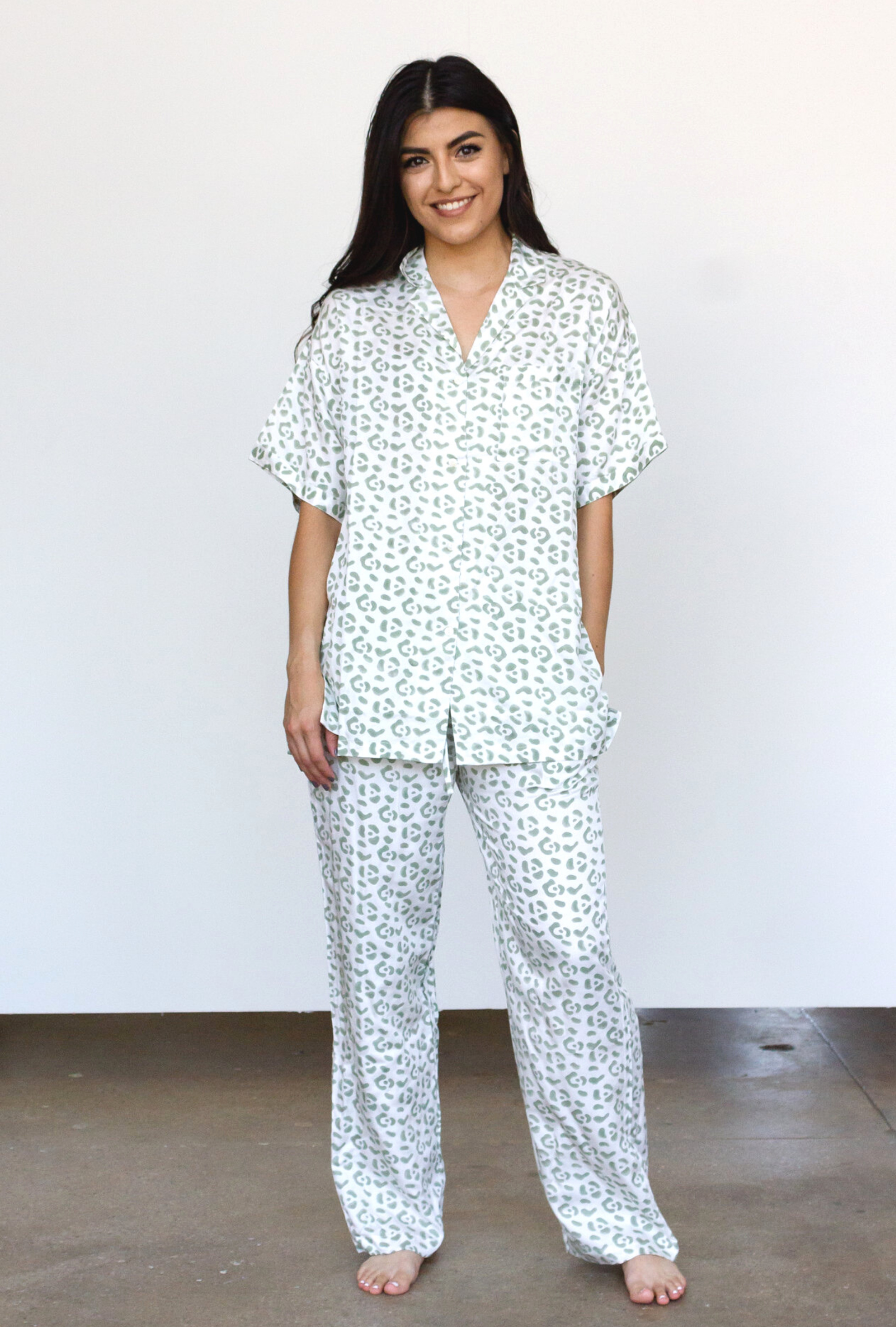 Leopard Pajama Modal Set in Cream + Sage