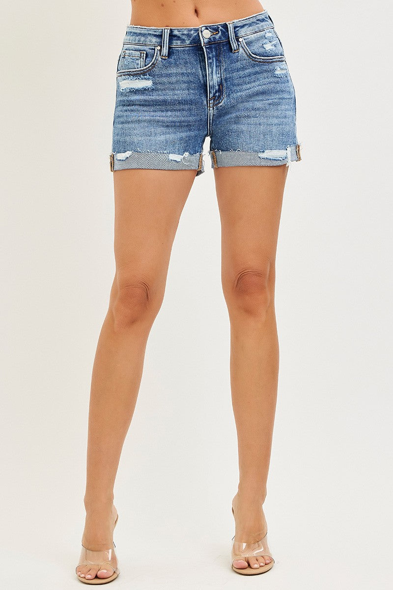 RISEN Mid Rise Cuffed Distressed Denim Shorts
