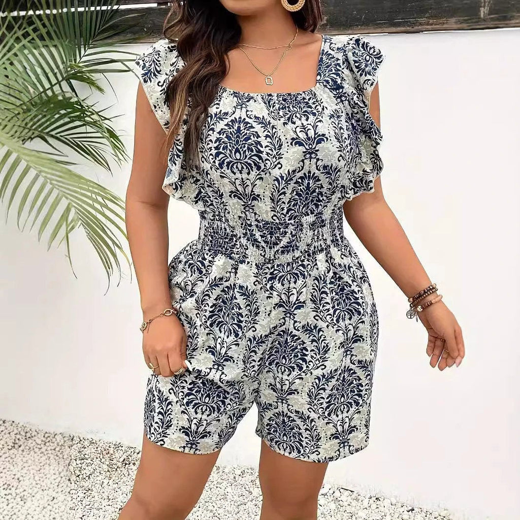 Plus Size Printed Sleeveless Smocking Fitted Waist Backless Vacation Style Jumpsuit