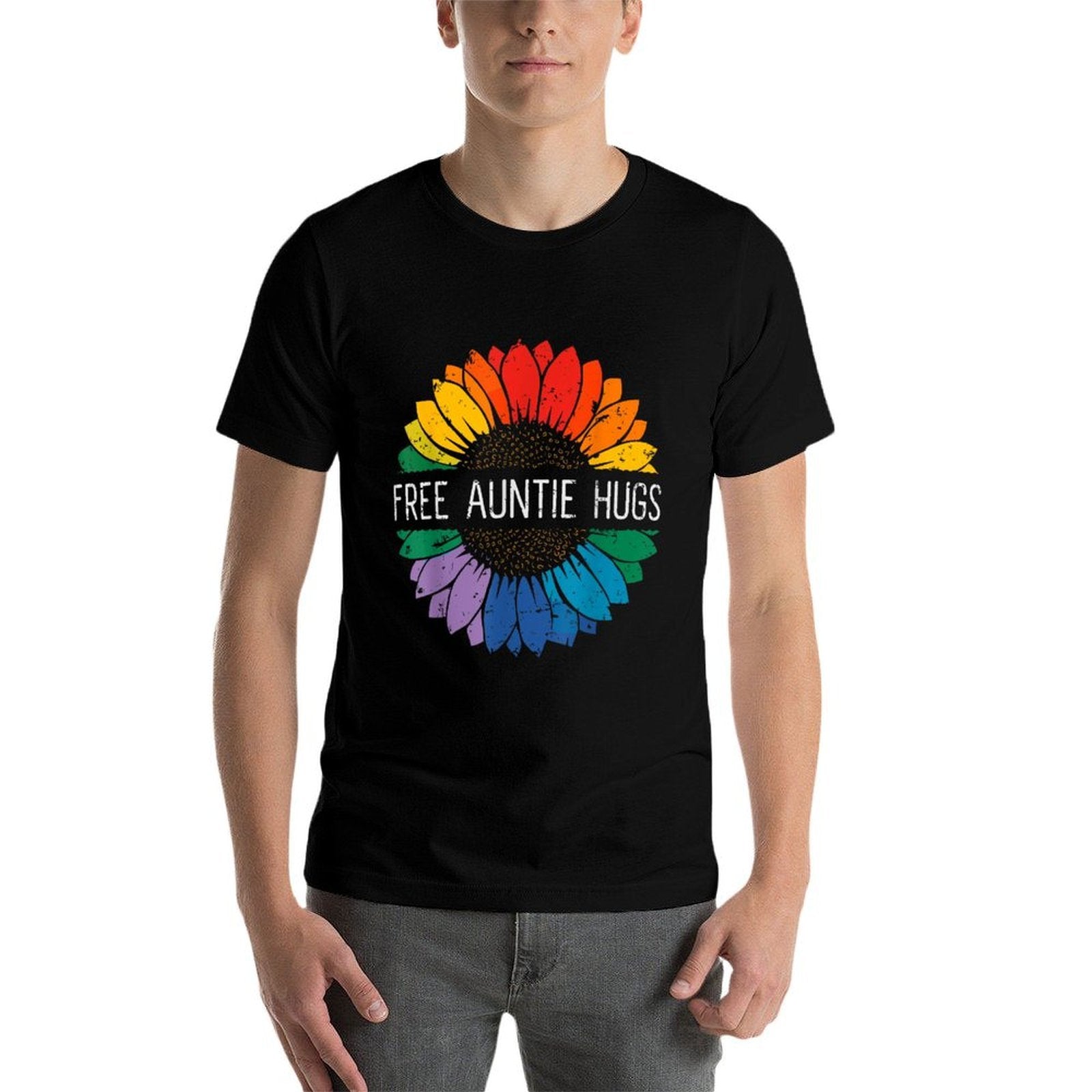 Free Auntie Hugs, LGBT Gay Lesbian Pride Month Rainbow  Wrinkle-resistant T-Shirt