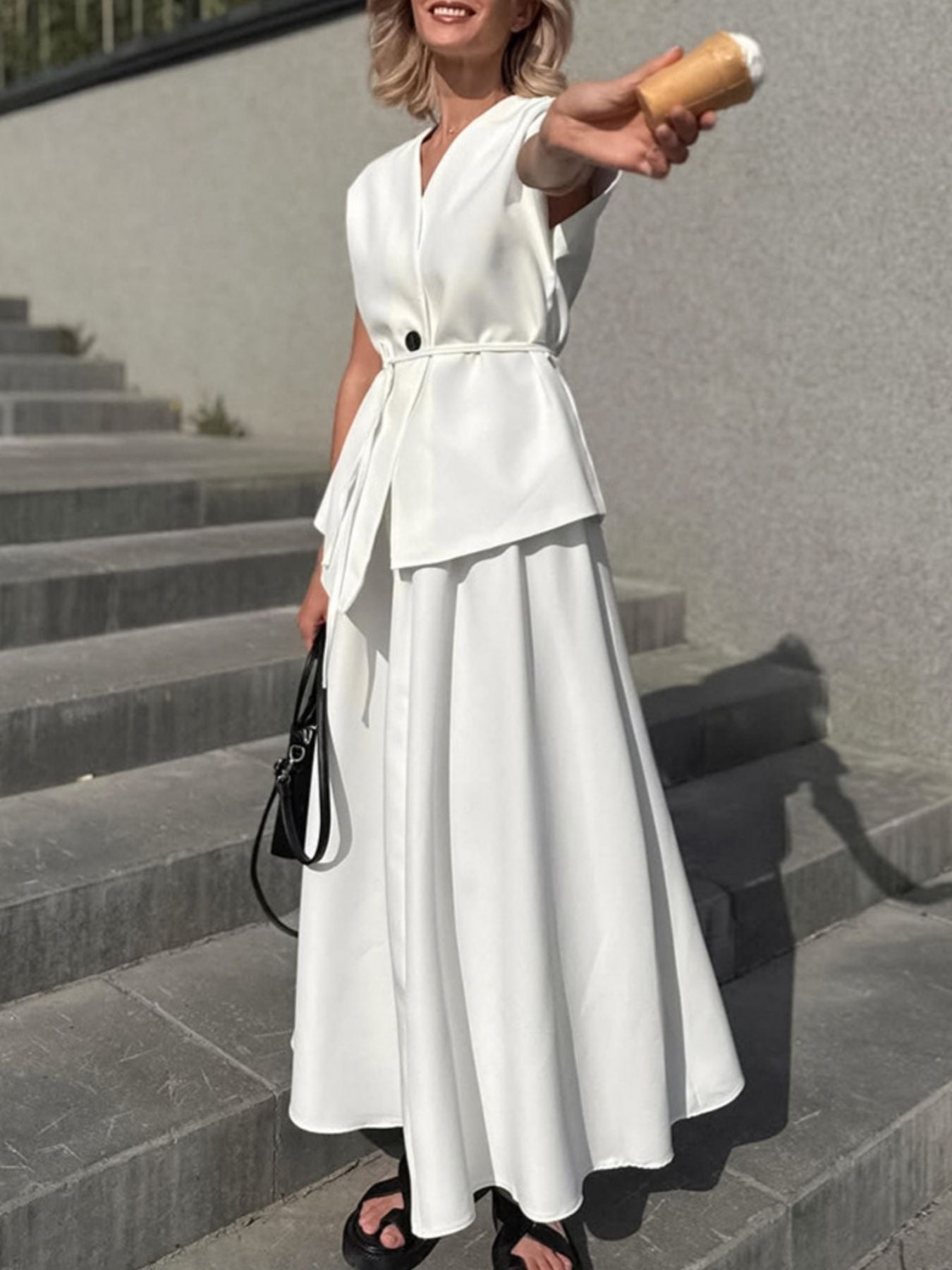 White V-Neck Two-Piece Set | Button Top & A-Line Skirt