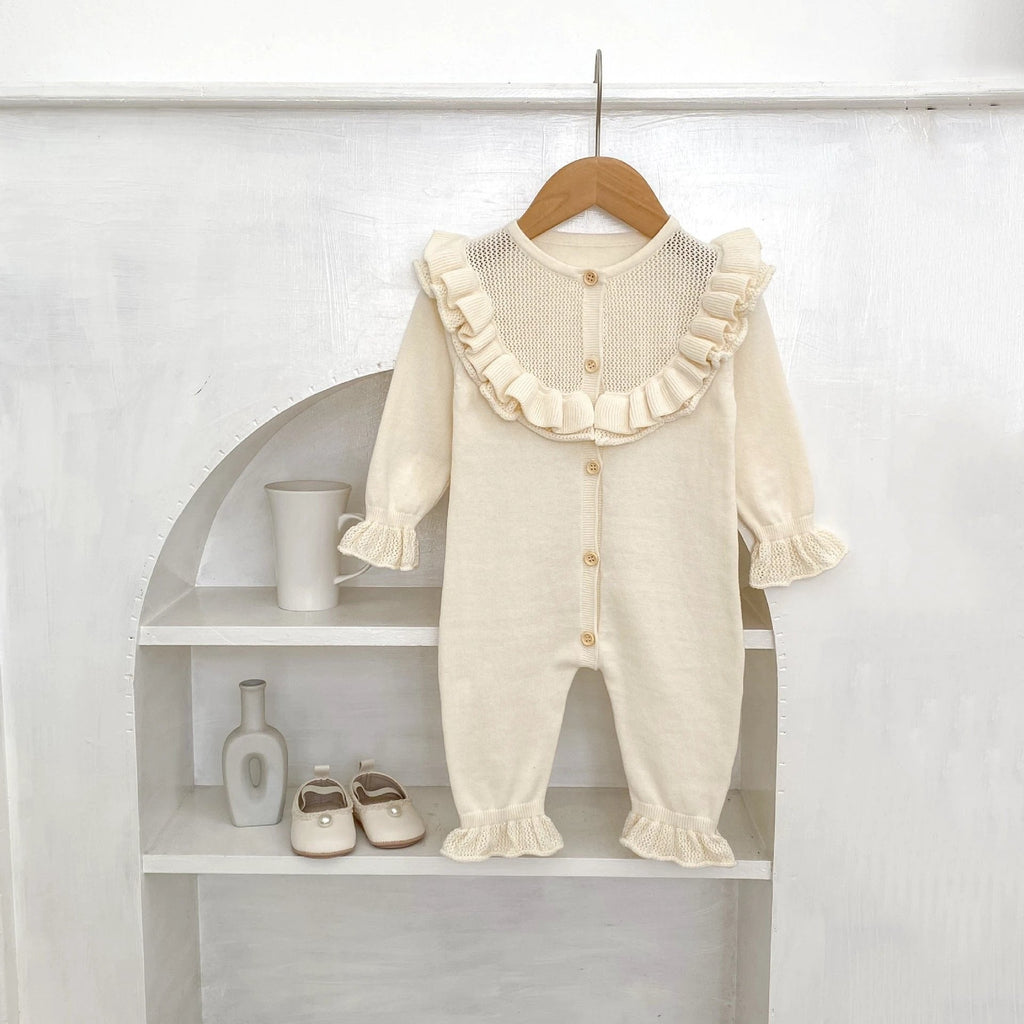 Baby Girl Round Neck Ruffled Stitching Long Climbing Fashionable Stylish Solid Color Jumpsuit