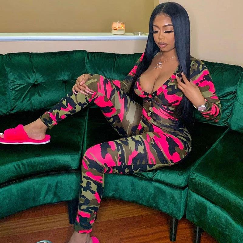V-neck Romper Camouflage Print Pajamas Sexy One Piece Sleepwear